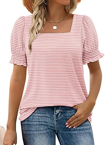 WIHOLL Square Neck Tops for Women Cute Spring Summer Trendy Short Sleeve Shirts and Blouses Petite Pink S, 1-pinkstripe