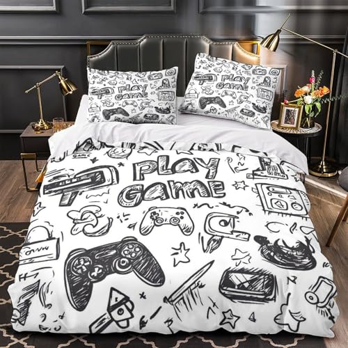TNSGHAVED Controlador de Videojuegos Funda de Edredón Suave Juego de 3 Piezas Diseño 3D Incluye Fundas de Almohada Transpirable Garabato Dibujado a Mano Funda Edredon for niña Single（140x200cm）