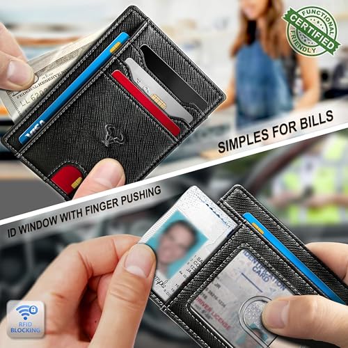 Image of Contacts Genuine Leather Slim Wallet | RFID Blocking Skinny Minimal Thin Front Pocket Wallet Sleeve Card Holder for Men | Up to 7 Card Slots Including 1 ID Window (Saffiano Black)