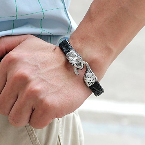 Image of Young & Forever Men's Genuine Braided Leather and Titanium Steel Bracelet | Bold Punk Tiger Eye Bead & Multi-Strand Wrist Bands | Vintage Nautical Clasp & Animal Head Hook Hook Kada Style Options