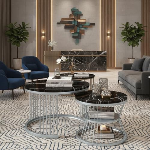 Image of The Round Coffee Table and The Stacking Tea Table with a Gold Metal Frame are Two Versatile Modern Center Tables That Look Great in Living Rooms (Grey Black)