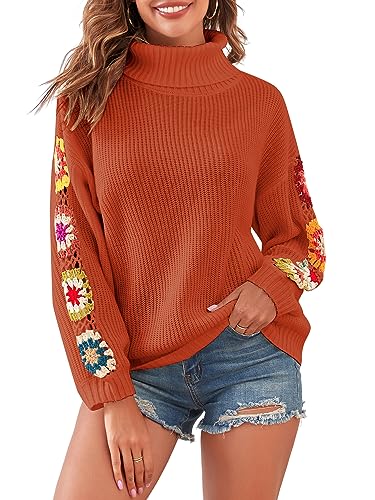 Image of ZAFUL Flower Crochet Turtleneck Sweater for Women Pullover Puff Long Sleeve Boho Knit Sweaters Trendy Knitwear Tops