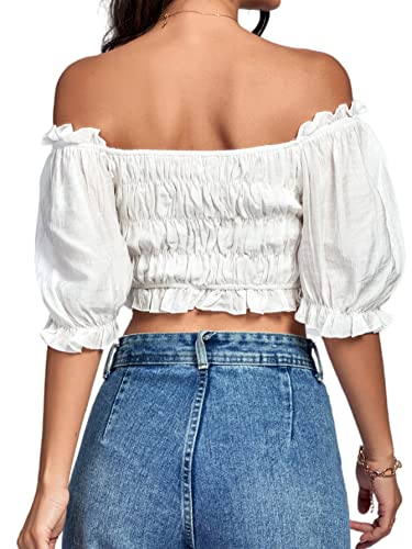 LYANER Women's Off Shoulder Ruffle Trim Ruched Short Sleeve Blouse Crop Top2