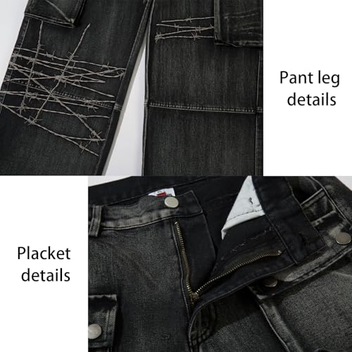 Men's Multi Pocket Embroidered Cargo Wide Leg Trousers Casual Hip Hop Stitching Streetwear Trousers2