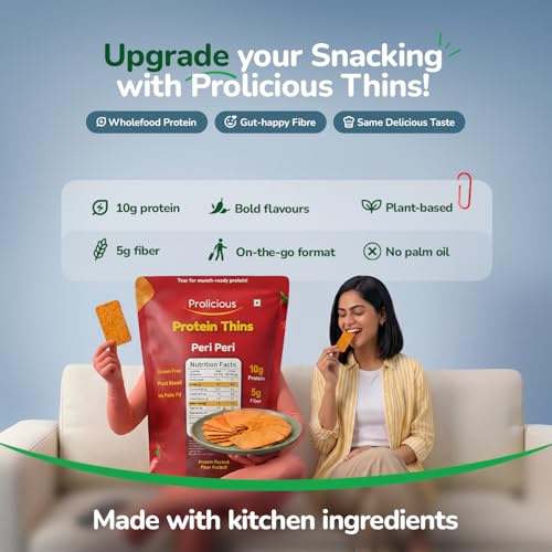 Image of Prolicious Healthy Protein Thin Chips |10g Protein & 5g Fibre Per Pack Per Pack Per Pack | Vegan Snacks | Gluten Free|No Maida |No Palm Oil| 50g - Pack of 7| Peri Peri