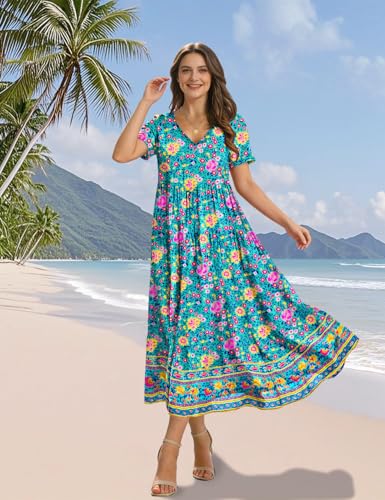 Image of YESNO Women's Summer Maxi Dresses Casual Floral Short Sleeve V Neck Boho Beach Vacation Swing Dress with Pockets EVF