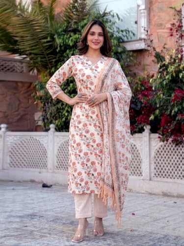 Image of GoSriKi Kurta Sets for Women Cotton Blend Printed | Kurti Set for Woman | Kurta Pant Dupatta Set | 3 Piece Set Women | Straight Kurti | V Neck Full Sleeve Suit Set Stylish Ethnic Outfit Clothing