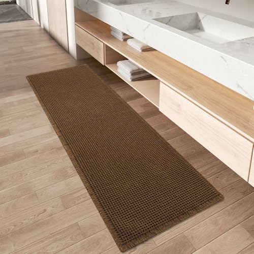 AMOAMI Upgraded Waffle Runner Rug Super Absorbent Non Slip Bath Mats for Bathroom Machine Washable Bathroom Runner Rug with Tassels, Ideal for Hallway Bedroom Laundry Room, 2'x 4'(24" x 48")