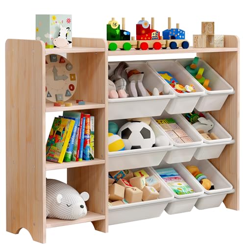 MallBest 4-Tier Kids’ Toy Storage Organizer Shelf – 100% Solid Wood,Children’s Storage Cabinet with 9 Plastic Bins and and 3 Storage Ports (Varnish-Single Color)