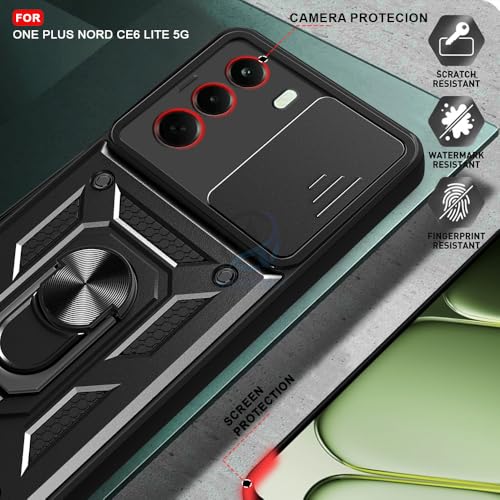 Image of AESTMO Tough Armor OnePlus Nord CE 6 Lite 5G Bumper Back Case Cover | Ring Holder & Sliding Camera Shield Cover | 360 Degree Protection Back Case Cover for OnePlus Nord CE 6 Lite 5G (Black)