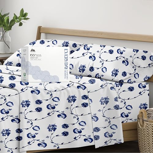 Image of Mayfair Linen Organic Cotton Sheets Twin Size, 16 inch Deep Pocket, Floral Blue