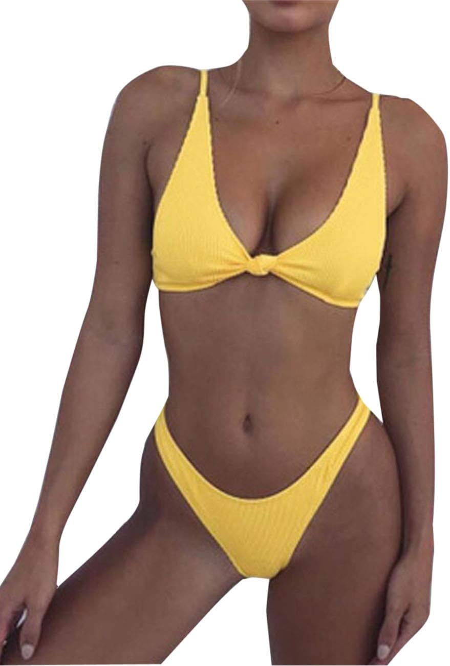 Women Tie Knot Swimsuit Solid Bathing Suits Thong Bikini Set Push up Padded Swimwear