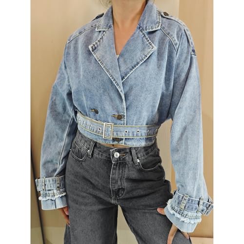 Giraropa Women's Cropped Denim Jackets Retro Lapel Neck Frayed Long Sleeve Tie-up Casual Office Jean Jacket Coats3