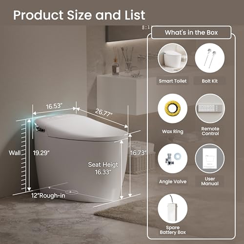 Inodoro inteligente con bidé integrado, inodoro inteligente alargado sin tanque, descarga automática, agua tibia y secador, asiento calefactado de cierre suave, pantalla digital, distancia de instalación de 12 pulgadas miniatura 2