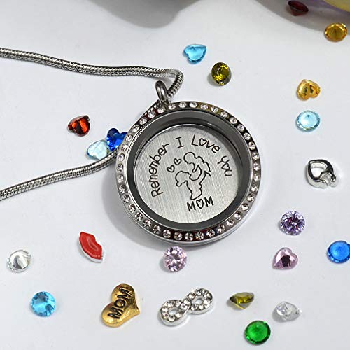 Remember I Love You Mom Floating Lockets Stainless Steel Pendant Necklace With Charms & Birthstones For Mother Mammy Mama, Mother's Day Birthday Xmas Gift #TOP2