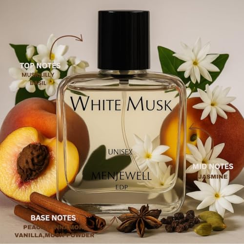 Image of Menjewell - White Musk,Unisex Long Lasting Eau De Parfum For Men and Women With Rose,Amber,Musk,Peach, Ideal for Everyday Use,Luxurious EDP Floral Fragrance,50ml