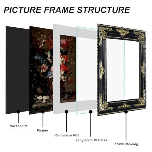Image of 8x10 Black Vintage Picture Frame Ornate Baroque Gothic Victorian Frames with Mat for 5x7 or 8 x 10 Photos, Tabletop or Wall Display, Antique Home Decor Accent