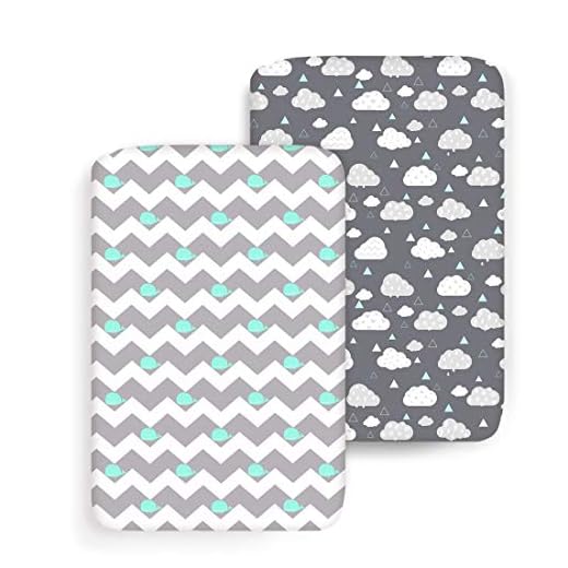 COSMOPLUS Stretch Fitted Pack n Play Playard Sheets - 2 Pack for Mini Crib Sheet Set,Pack n Play Mattress Cover, Ultra Stretchy Soft,Whale/Cloud