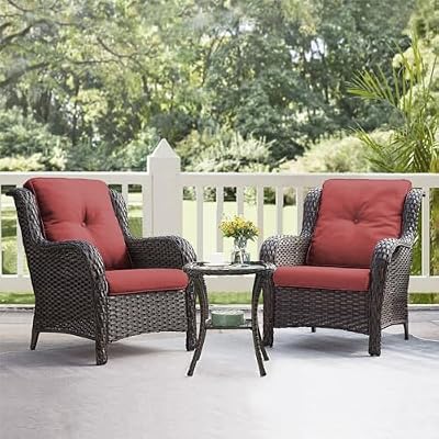 HUMMUH 3 Pieces Patio Bistro Set Wicker Patio Chairs Set of 2 with Tempered Glass Top Side Table Rattan Outdoor Furniture Conversation Set for Yard,Garden,Porch (Brown/Red)