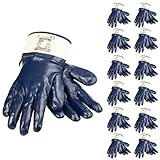 JORESTECH Safety Work Gloves Blue Nitrile Coating Heavy Duty Cotton Fabric Chemical Resistant Pack of 12 GD-05 (Size 8-M)