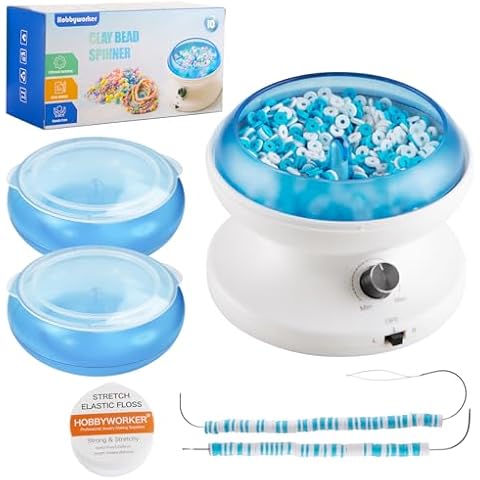 Hobbyworker Electric Clay Bead Spinner Kit with 3pcs Bead Trays 2pcs Bead Spinner Needles, 1000pcs Clay Beads and 1300pcs Seed Beads 8m Elastic Cord for Bracelet Necklace Jewelry Making (Patented) Cover