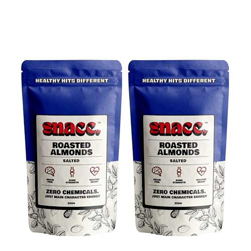 Image of Snacc Roasted Salted Almonds | Premium Crunchy Almond Nuts | Badam Dry Fruits | Protein Rich Healthy Snack | High Fiber | Zero Chemicals | Clean Label |200 x Pack of 2