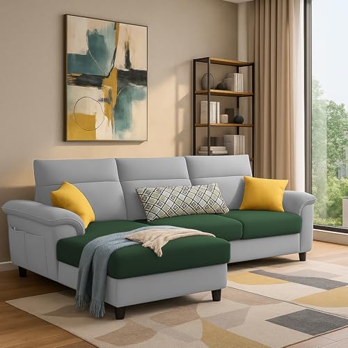 Image of Casaliving Seams LHS 4 Seater L Shape Sofa for Living Room (Green Grey Fabric) Premium Fabric Sofa