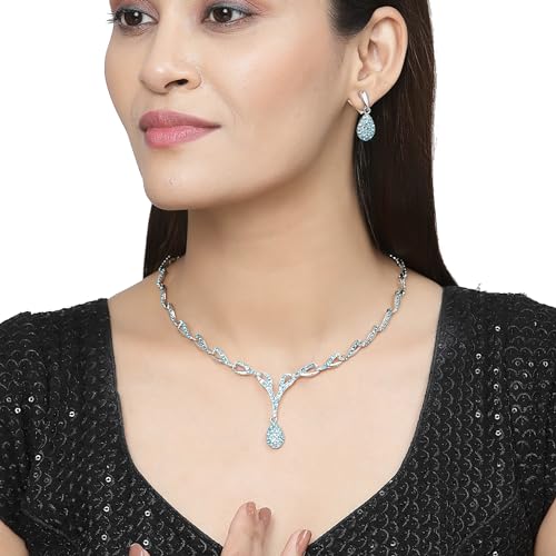 Image of ZENEME Oxidised Silver-Plated Cubic Zirconia Studded Teardrop Shaped Necklace With Earrings Jewellery Set For Girls and Women