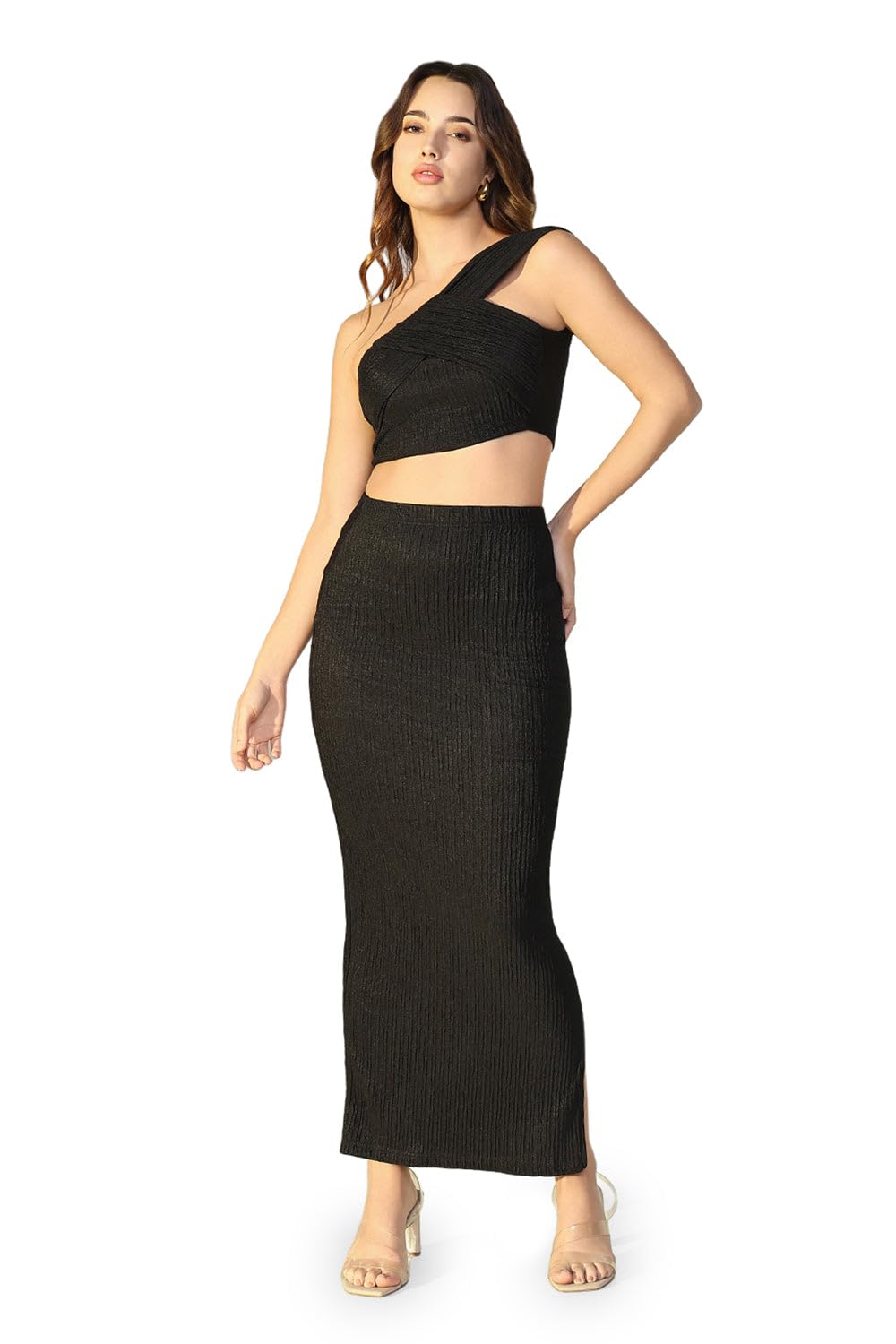 Edition Women’s Textured Black One-Shoulder Crop Top & Skirt Co-Ord Set-CHN-2323_Black-image-27