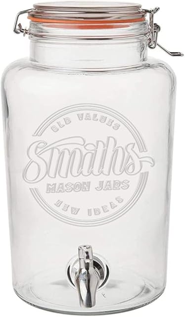 Smith's Mason Jars 5 Liter Glass Drinks Dispenser with Stainless Tap Spigot | Punch Dispenser | Drink Pitcher with Spout | Ideal for Outdoor Picnic BBQ Parties and More (Without Stand)