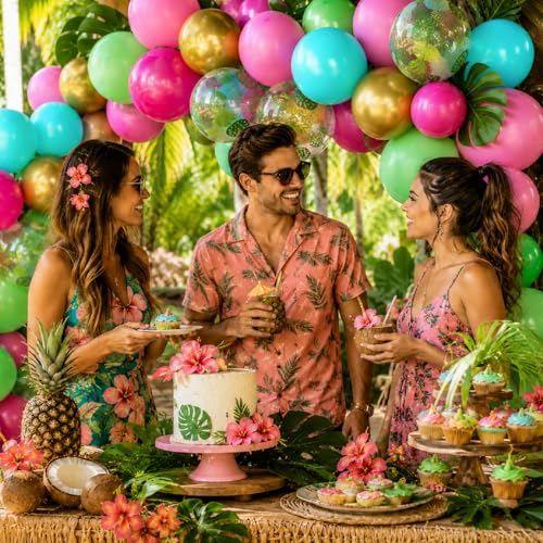 Image of Tropical Balloons, 50Pcs 12 Inch Pink Green Teal Gold Printed Latex