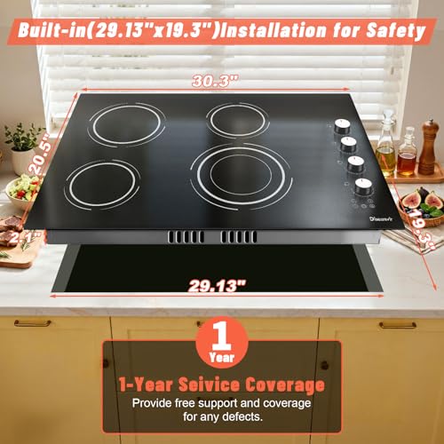 Image of 30 Inch Electric Cooktop - 4 Burner Built-in(29.13 inchx19.3 inch) Ceramic Stove Top 6700W, 30 inch Electric Cook Top with Timer, Safety Lock, Pause, Dual Ring, 220V - 240V Hard Wired (White Knob)