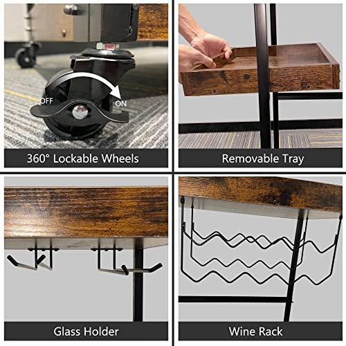 Bar-Cart3-Tier-Coffee-Bar-on-Wheels-with-10-Bottle-Wine-Rack-and-Glass-Holder-and-Removable-TrayIndustrial-Serving-Cart-for-The-Living-Room-Kitchen-Rustic-Brown Bar Cart3 Tier Coffee Bar on Wheels with 10 Bottle Wine Rack and Glass Holder and Removable TrayIndustrial Serving Cart for The Living Room Kitchen Rustic Brown