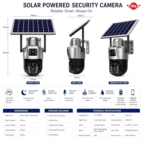 Image of VIE Solar CCTV Camera Outdoor Dual Lens 360 Degree PTZ | CCTV Camera with sim Card 4G | Solar Camera Outdoor Waterproof | CC Camera Colour | Night Vision| Motion Detection Two-Way Audio