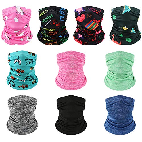 Hicarer 10 Stück Kinder Hals Gamasche Sommer Gesichtsschutz Bandana UV Schutz Sturmhaube Stirnband Schal Buntes Gesicht Bandana für Jungen Mädchen