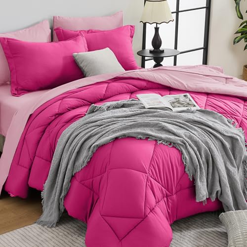 HEVUMYI Hot Pink & Baby Pink Queen Comforter Set - 7-Piece All Season Bed in a Bag Queen, Ultra Soft Bedding Set with Comforter, Flat Sheet, Fitted Sheet, Pillowcases, Pillow Shams
