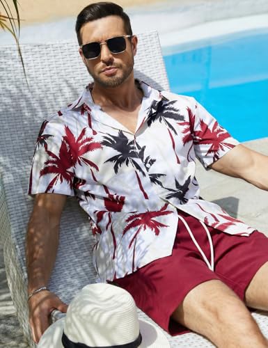 Image of Yimoon Men's Summer 2 Piece Outfits Tropical Print Short Sleeve Button Down Hawaiian Beach Shirt and Shorts Set
