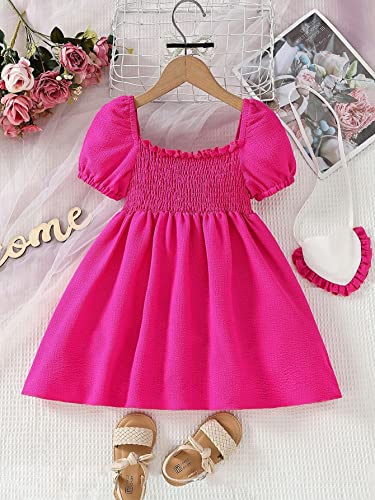WDIRARA Toddler Girl's Frill Trim Puff Sleeve Square Neck Shirred A Line High Waist Flared Hem Dress2