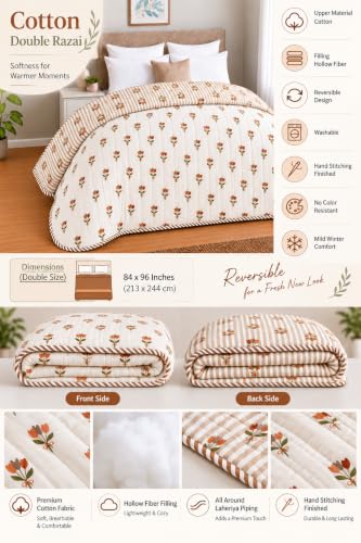 Image of RRC Jaipuri Floral Print Double Bed Razai | Cotton Lightweight AC Quilt | Soft Jaipuri Rajai | 200 GSM Summer Comforter | Double Bed Quilt Pack of 1