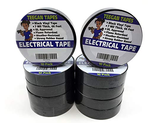 Black Electrical Tape - Black Vinyl Electric Tape (10 Pack) | 7 mil Thick Vinyl Tape 3/4 Inch Wide 66 Foot Long Roll | Strong Rubber Base | Flame Retardant, Temperature & Weather Resistant (Black)