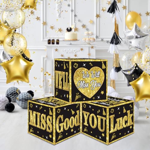 Image of Kircirx 3pcs Going Away Party Decorations Boxes for Men Women, Black Gold Farewell Decorations Party Supplies Good Luck We Will Miss You Retirement Goodbye Cardboard Box Gifts