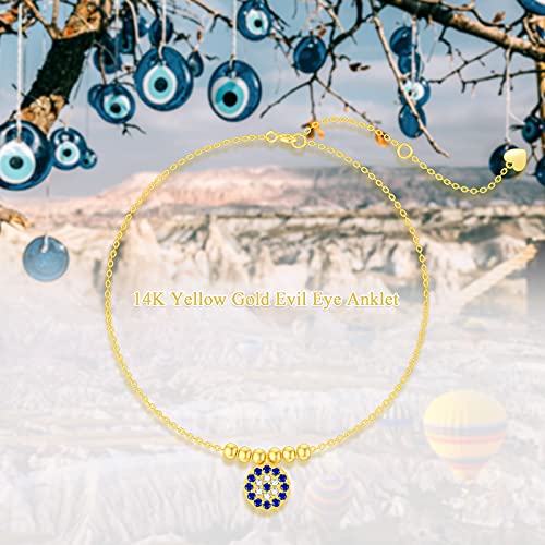14K Solid Gold Evil Eye Anklet For Women,Yellow Gold Dainty Lucky Evil Eye Dangle Anklets Bracelets Beads Station Anklet Foot Link Beach Anklets Anniversary Birthday Jewelry Gifts For Wife Girlfriend 8''+2'' #TOP4