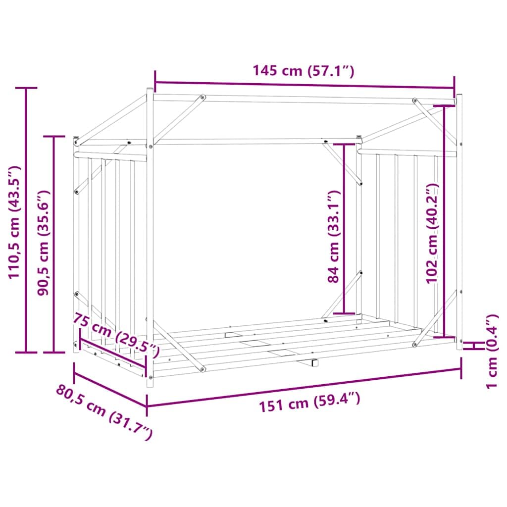 vidaXL Leñero Cubierta Lluvia 151x80,5x110,5 cm Acero galvanizado, Almacenamiento de leña, Soporte para leña para Chimenea, Almacenamiento de leña para Interior