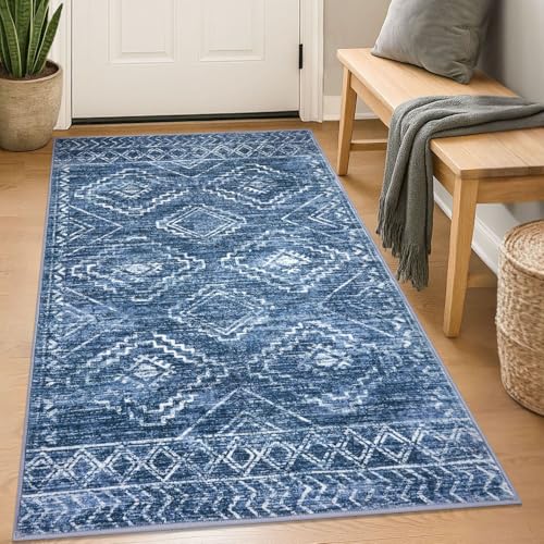 KILOCOCO Boho Entryway Rug 3x5 Area Rug Washable Non Slip Printed Throw Rugs Soft for Kitchen Living Room Dining Bedroom Geometric Moroccan Carpet, Stonewashed Blue