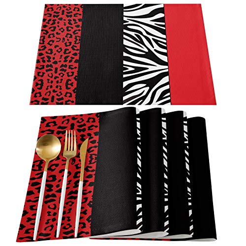 Maconaa Red Leopard Placemats For Dining Table Set Of 6, Black Zebra Stripes Place Mats For Kitchen/Dining, Non Slip, Durable, Washable Table Mats 13''X19'', Animal Cheetah Print #TOP5