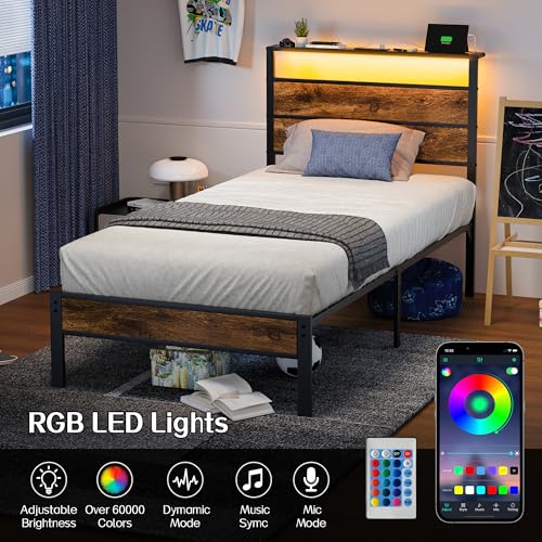 Image of Liians Twin Bed Frame with Storage Headboard USB Charging Station, Smart LED Lights, Metal Platform Bed Easy Assembly, No Box Spring Needed