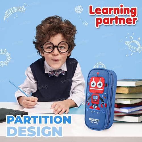 Image of Zest 4 Toyz Expandable Blue Robot Pencil Case | Pencil Pouch for Boys & Students | Large Capacity Compass Box Pencil Case for School | Big Stationery Organizer Pen Bag with Mesh Pocket