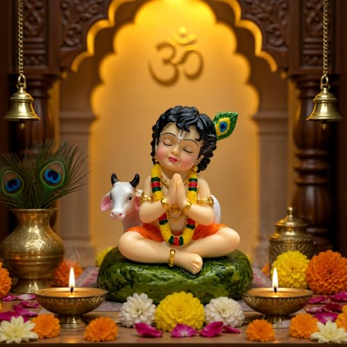 Image of Spiritual Bal Gopal Krishna with Cow Statue - Meditating Krishna Idol for Mandir and Home Decoration