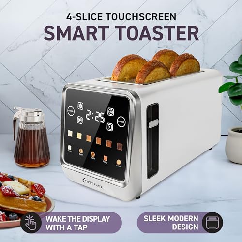 Image of Inspirex Touch Screen Toaster - 4 Slice, 2 Extra Long Slots - 5 Bread Types and 6 Browning Levels - Defrost, Reheat, Favorite, & Single Slot Modes - For Toast, Bagels, & Waffles - White