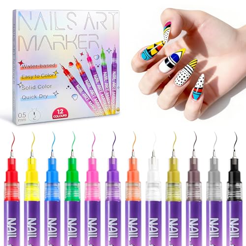 12 Color Nail Art Pens Set, 0.5MM Nail Art Markers Nail Polish Pen for Painting Nails, 3D Quick Dry Waterproof Nail Doodle Marker Kit for DIY Fingernail Design